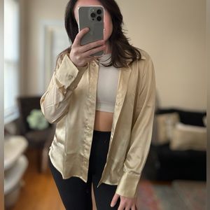 Abercrombie & Fitch Oversized Satin Silky Button Up Long Sleeve Top